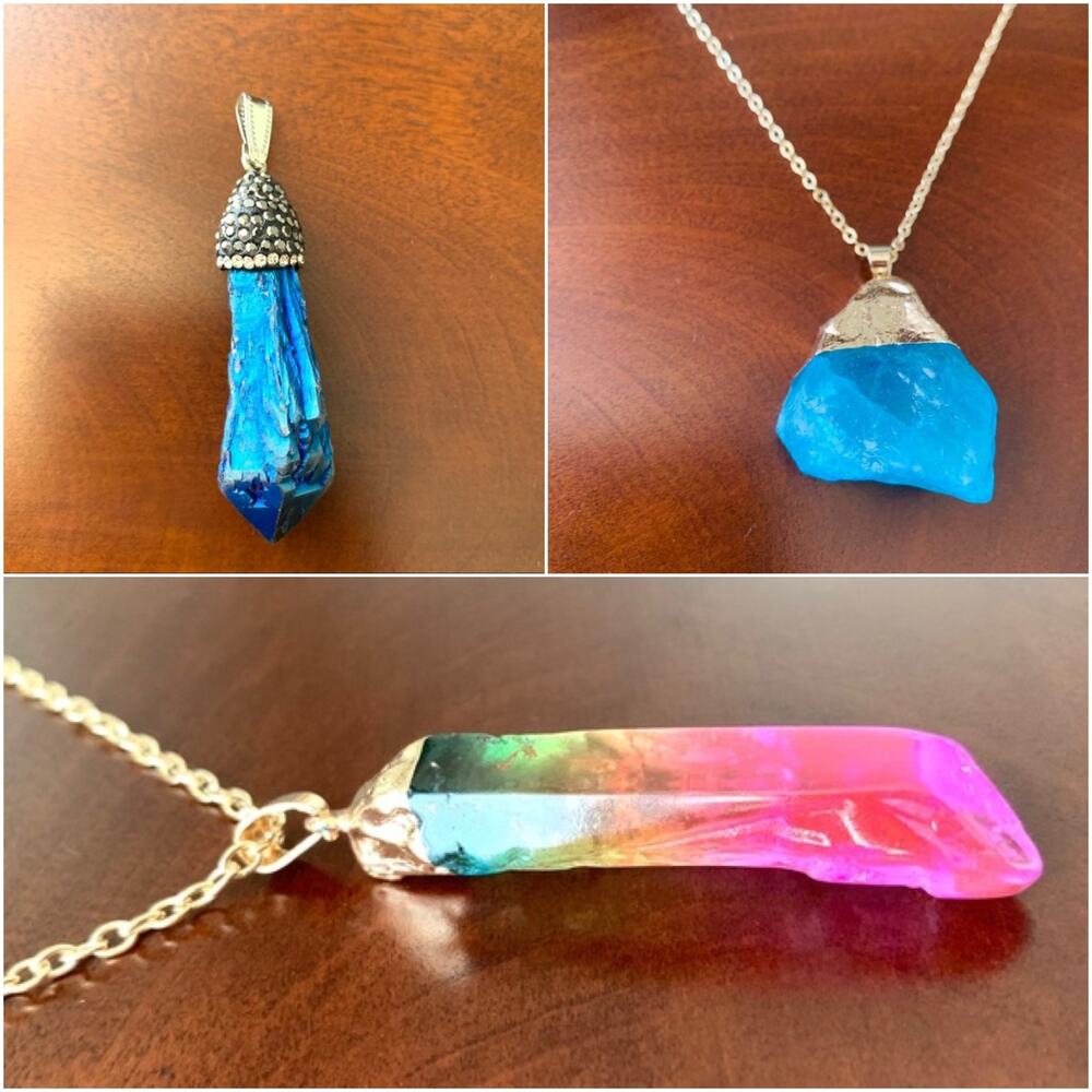 Crystal Point Pendant Necklace Set of 3, Blue and Aura Style